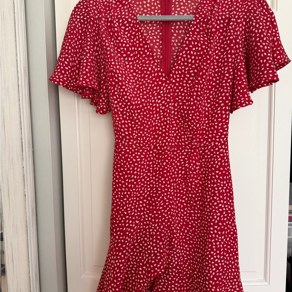 Red Printed V-Neck Flutter Sleeve Dress
